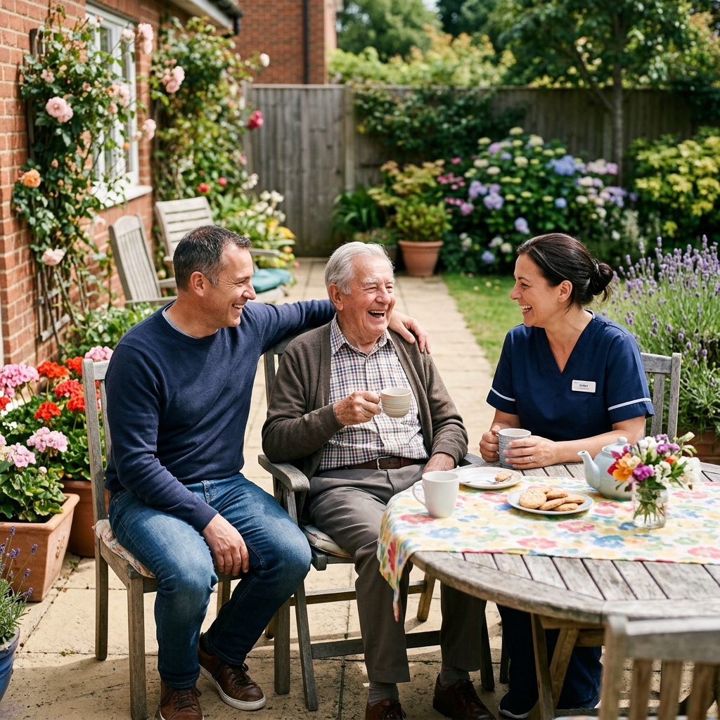 A senior grandfather sharing a warm moment with his family and caregiver