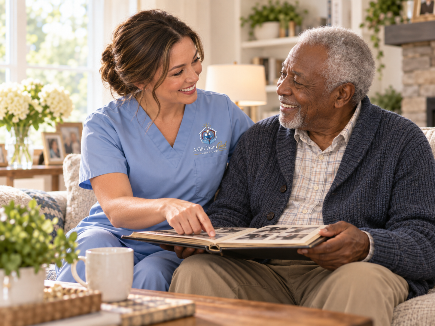 Caregiver sharing warm companionship and conversation with senior