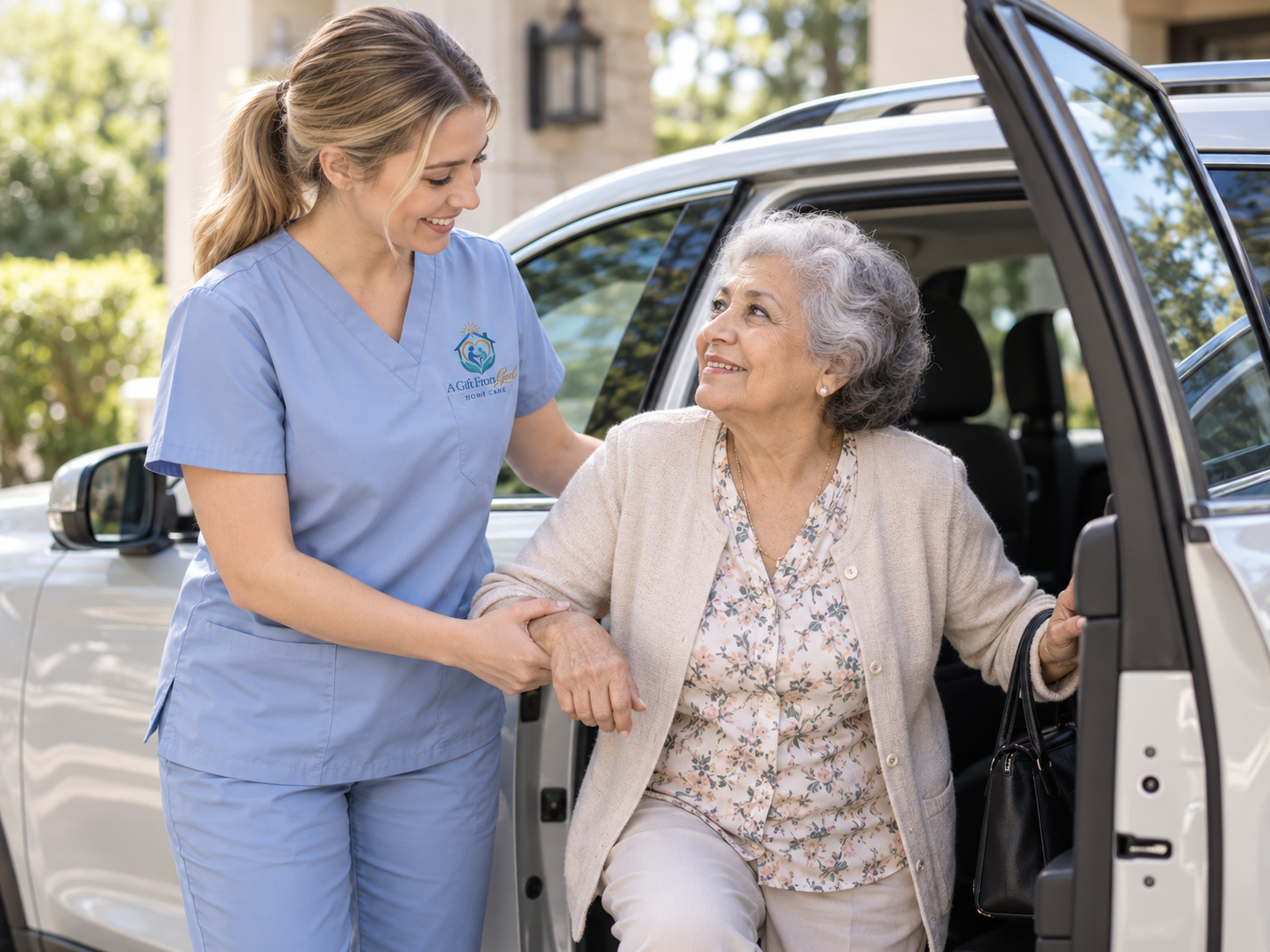 Caregiver safely escorting senior lady to and from vehicle